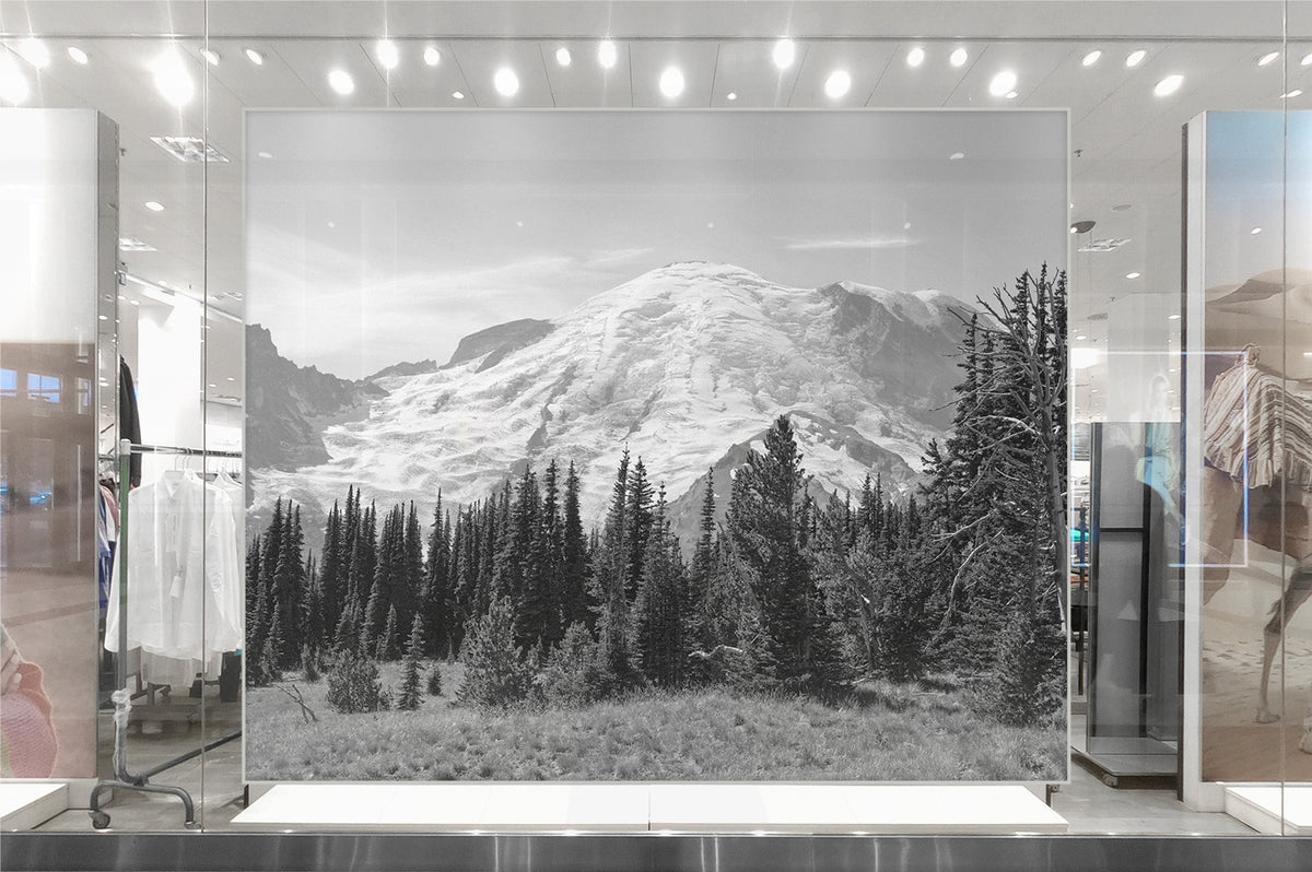 Behold the majesty of Mt. Rainier with this stunningly detailed black and white wall mural. Crafted using textured wallcovering, this awe-inspiring snowcapped mountain from Washington State makes a powerful and sophisticated statement in any residential or commercial setting. Choose from unpasted or self-adhesive and repositionable wallcovering for a truly custom experience.  All Wallcoverings are designed and printed in-house on HP Wide Format Commercial printers with Eco-Friendly latex ink. 