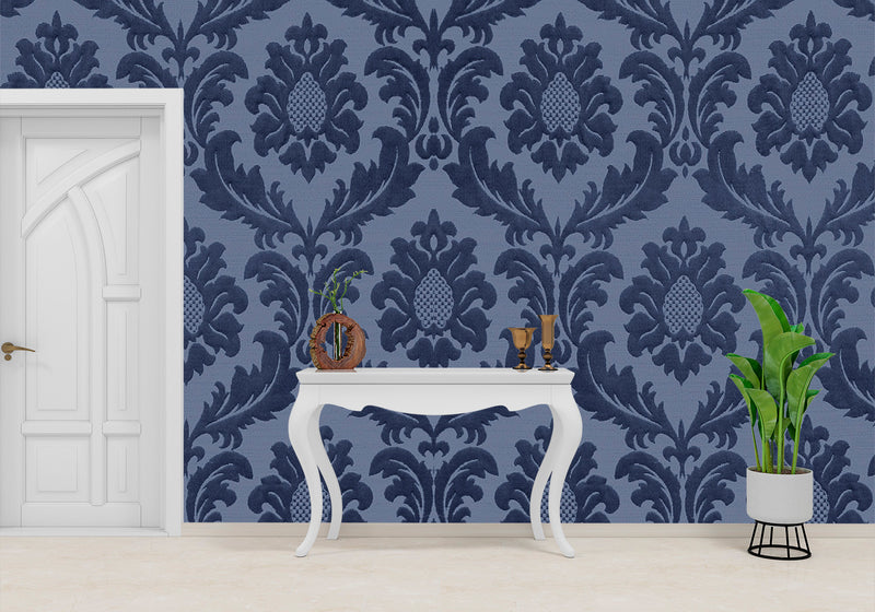 Transform any room into an elegant oasis with this DARK BLUE CLASSIC PATTERN WALL MURAL. Its classic pattern and dark blue hue provide a sophisticated look that will captivate any audience. This wallcovering is offered in two types: traditional non-pasted and self-adhesive repositionable with a textured finish. Perfect for residential settings, it will bring an air of opulence to any space.