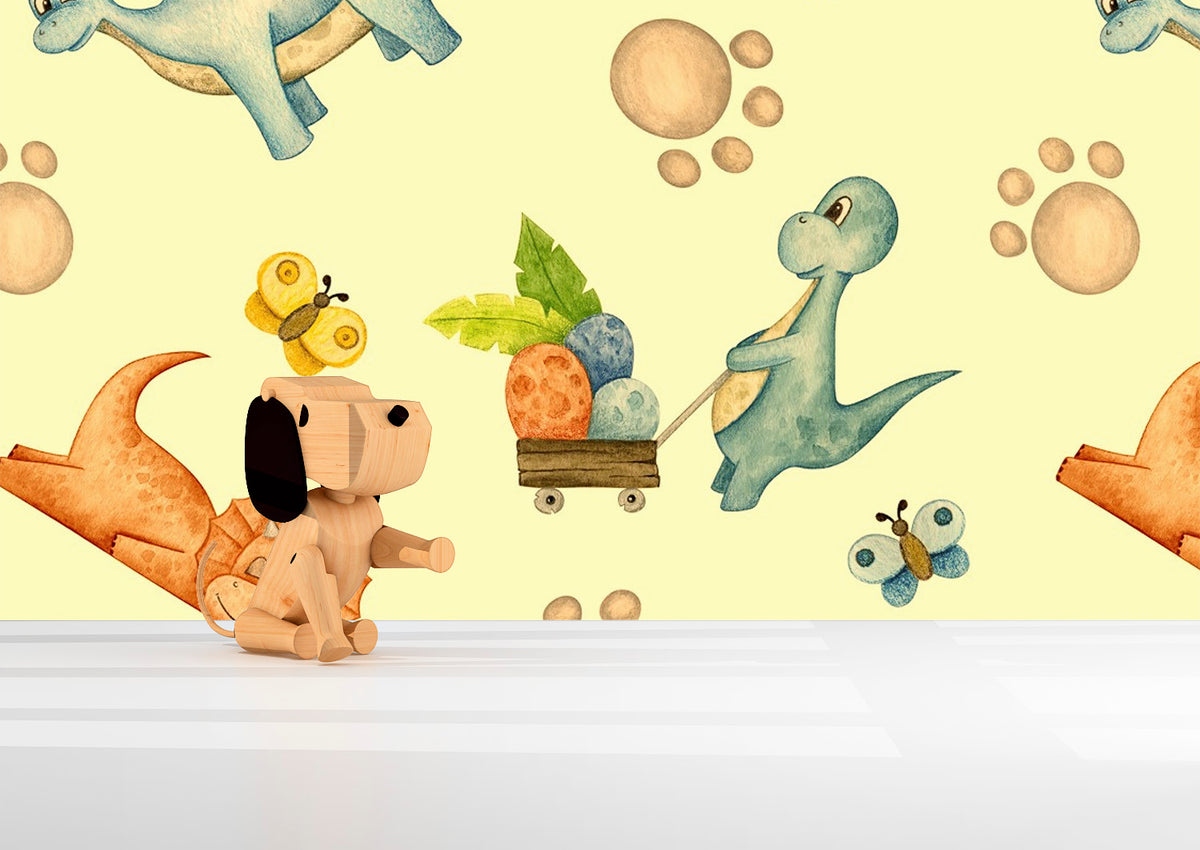 Bring your child's room or retail space to life with this DINO CHARACTER WALL MURAL! Featuring bright and fun dino characters on a textured background, this self-adhesive wall mural is full of prehistoric fun. It can be repositioned or used with traditional unpasted wallpaper adhesive. Make them roar with delight!