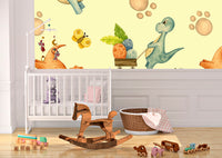 Bring your child's room or retail space to life with this DINO CHARACTER WALL MURAL! Featuring bright and fun dino characters on a textured background, this self-adhesive wall mural is full of prehistoric fun. It can be repositioned or used with traditional unpasted wallpaper adhesive. Make them roar with delight!