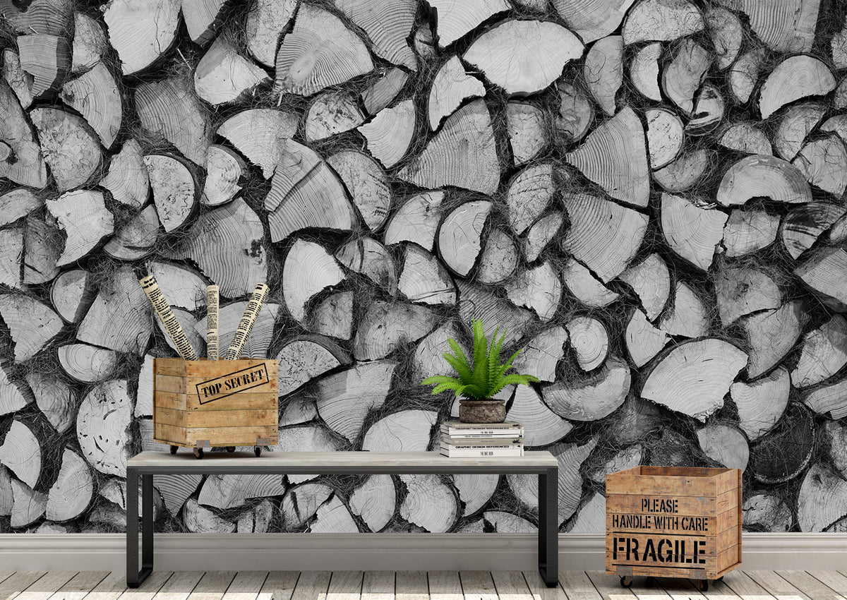 Bring a touch of rustic sophistication to any room in your home with this WOOD LOG B&W WALL MURAL. Featuring a strikingly symmetrical design with cut wood detailing, this elegant black and white mural also offers a textured finish to complete the look. Plus, you can choose between traditional unpasted or self-adhesive, repositionable wallcovering for residential and commercial uses.