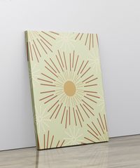 Geometric star-like pattern around circle/. Similar to a spoke wheel pattern. Portion of the appear iin each corner. Pattern colors includes browns, tans, shades of maize yellow color. The background is a blend of green, and yellow. The GeoPattern Wall Art is 24x36 canvas wrap. All  Wall Art canvas wraps  are  print poly-cotton canvas,  hand stretched on pine stretcher bars, and secured by staples. Hardware included for a ready to hang convenience. Made to order. Designer: @makkersmedia