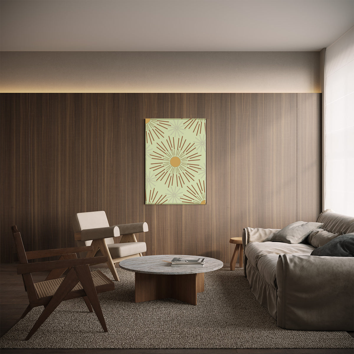 Geometric star-like pattern around circle/. Similar to a spoke wheel pattern. Portion of the appear iin each corner. Pattern colors includes browns, tans, shades of maize yellow color. The background is a blend of green, and yellow. The GeoPattern Wall Art is 24x36 canvas wrap. All  Wall Art canvas wraps  are  print poly-cotton canvas,  hand stretched on pine stretcher bars, and secured by staples. Hardware included for a ready to hang convenience. Made to order. Designer: @makkersmedia