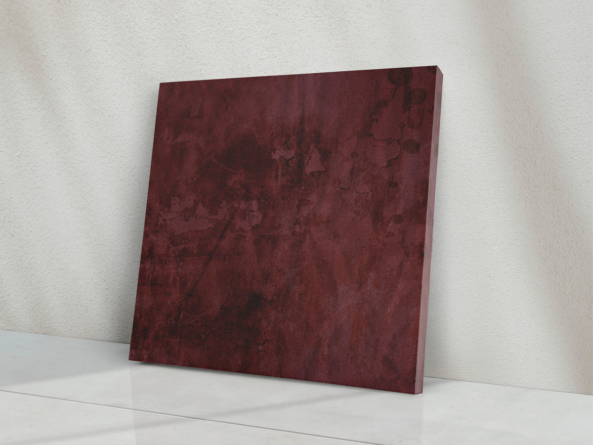 Burgundy abstract pattern printed on cotton-poly canvas. The wrapped canvas is an 8x8 inch square, hand-stretched on wood stretcher bars. The canvas has a semi-gloss finish. The back of the frame is covered with kraft paper and hanger hardware.