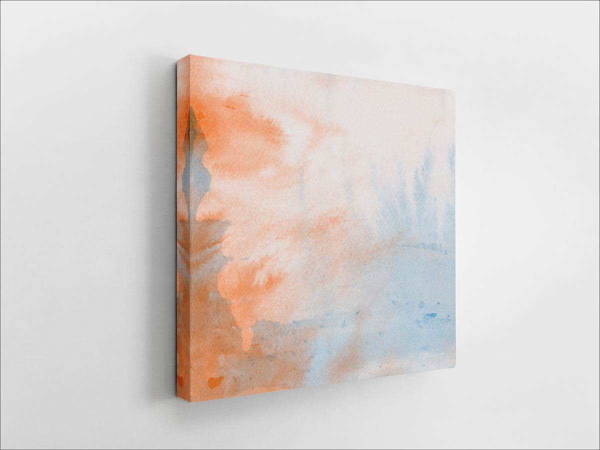 A watercolor, blue and orange, pattern printed on  20x24 inch canvas wrapped on artist&#39;s stretcher bars. The cotton-poly canvas has a semi-gloss finish and is hand-stretched and stapled in place. Kraft paper covers the back of the frame.
