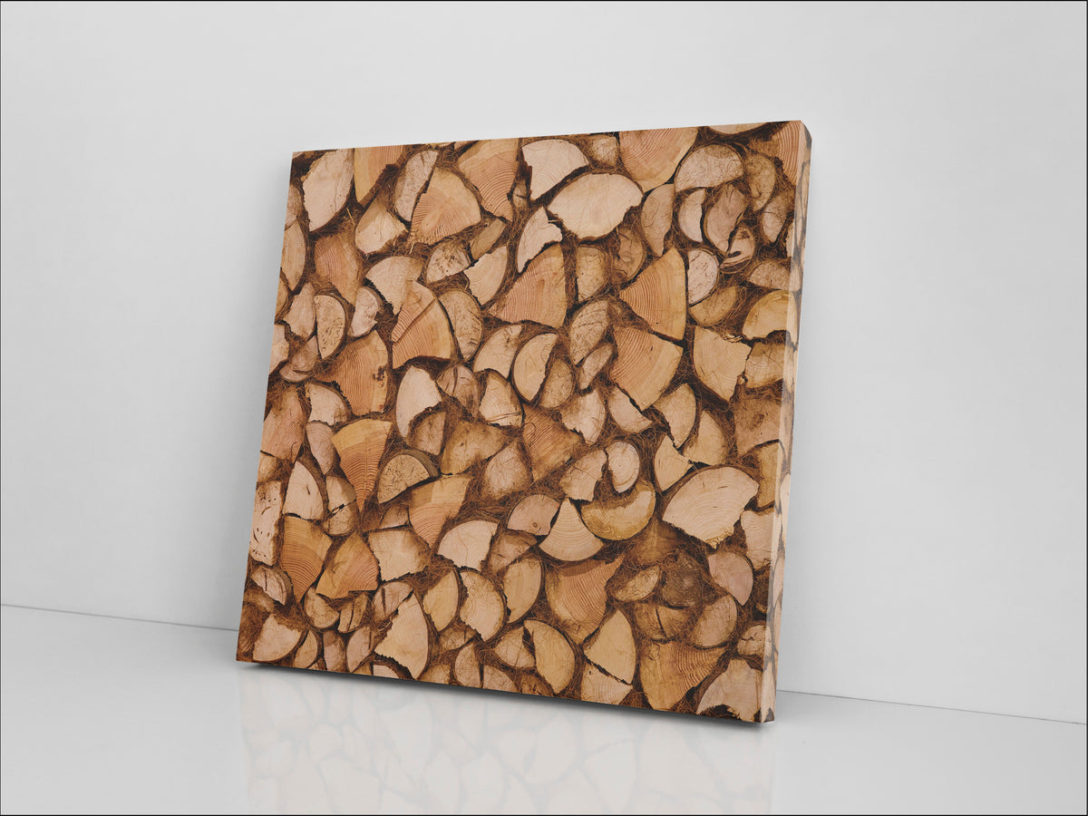 An image of stacked wood printed on  24x24 inch canvas wrapped on artist&#39;s stretcher bars. The cotton-poly canvas has a semi-gloss finish and is hand-stretched and stapled in place. Kraft paper covers the back of the frame.