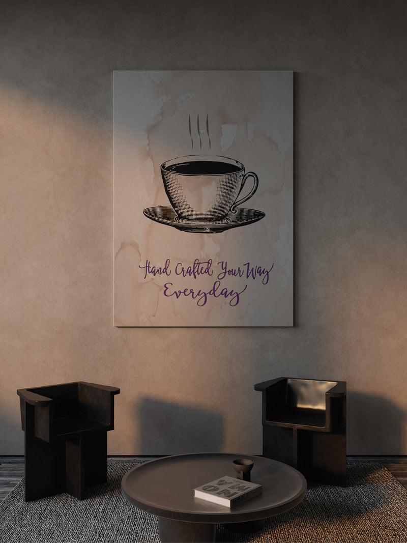Coffee cup vector graphic printed as a 20x24 inch canvas wrap. The cotton-poly canvas has a semi-gloss finish. The print is hand-stretched and stapled to pine stretcher bars. Kraft paper covers the back of the frame. Install hardware is available.