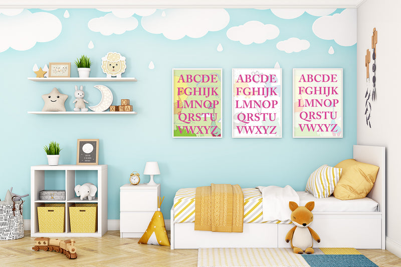 ABOUT:  Alphabet A to Z 18"x24" Rectangle Dinosaurs in Background Blue or Pink Letters Photo Print  Made to Order  Designer: @makkersmedia 
