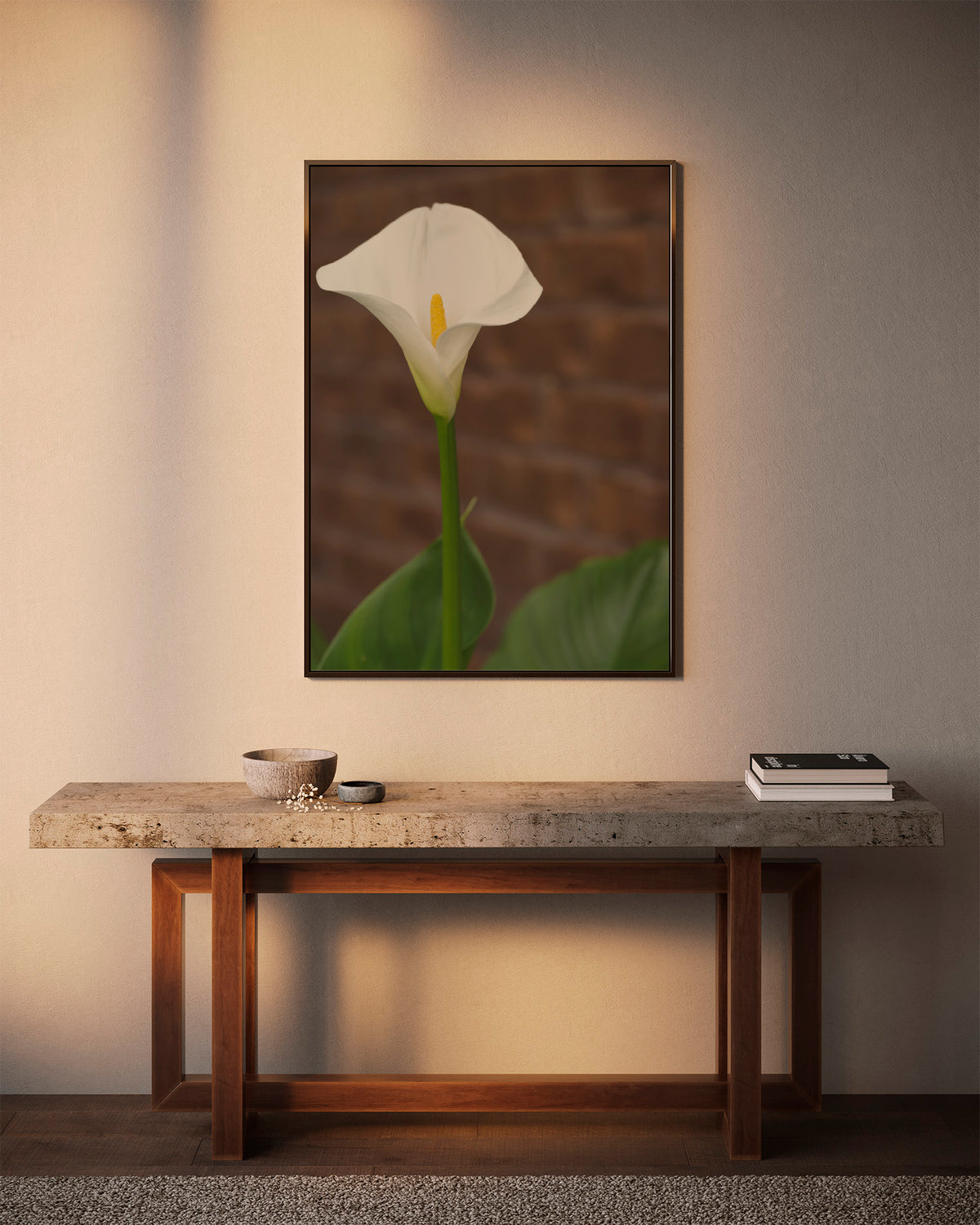 Canvas wrap with a white lily flower in full bloom in front of a brown brick wall.   NOTES:  Lily flower in bloom Brick wall background Made to Order Designer: @Makkersmedia Canvas Wrap:  Produced in-house. Printing by HP commercial wide-format printers. MATERIAL:  Aurora Expressions Poly/Cotton Canvas with Satin/Matte Finish  Base Color: White
