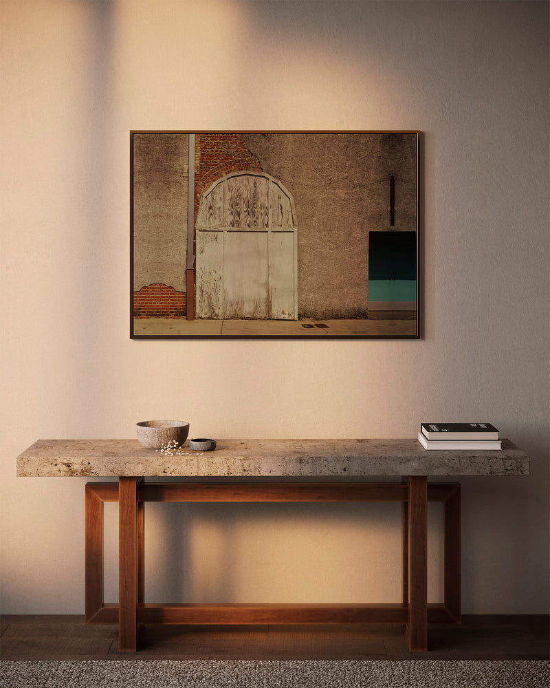 Image of weathered white door printed on 20x24 inch canvas wrapped on artist&#39;s stretcher bars. The cotton-poly canvas has a semi-gloss finish and is hand-stretched and stapled in place. Kraft paper covers the back of the frame.
