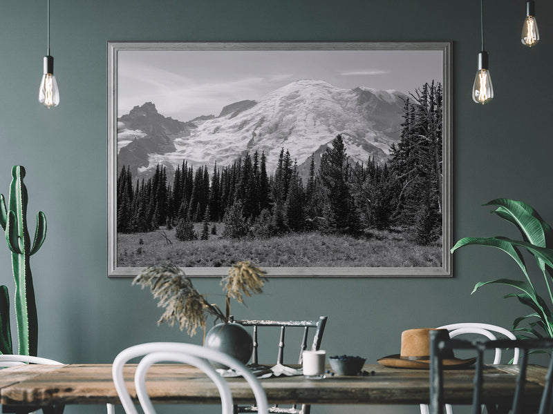 The Mt. Rainier experience is impressive. If in Washington State, a must-have visit if possible. Hopefully, this black and white image will bring you closer to that in-person visit. Printed as a 36x24 inch image on polycotton canvas and hand-stretched into canvas wrap. Pine stretcher bars are used for the wrap. Each wrap is made to order and printed on our HP Latex printers.