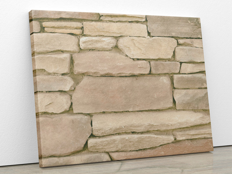 An image of stacked stone mosaic printed on 20x24 inch canvas wrapped on artist&#39;s stretcher bars. The cotton-poly canvas has a semi-gloss finish and is hand-stretched and stapled in place. Kraft paper covers the back of the frame.