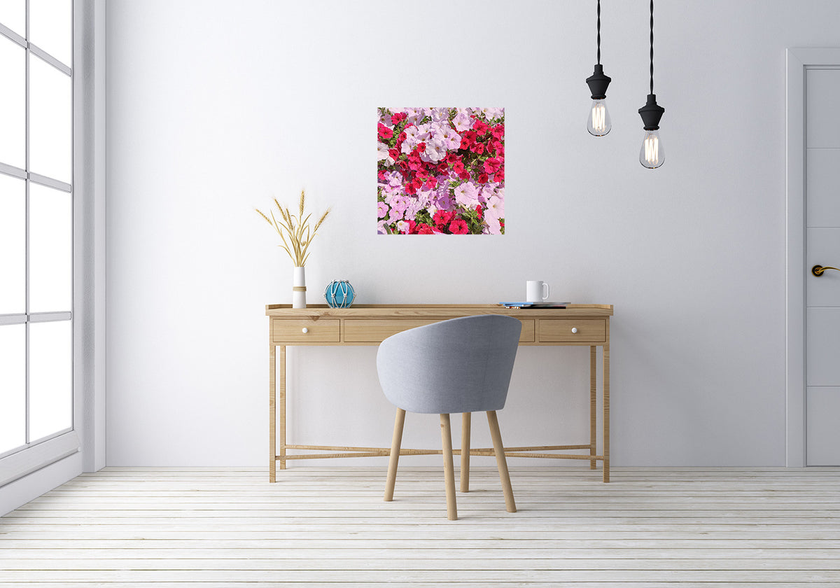 Our Red & Pink Impatiens Square Wall Poster adds vibrant colors to your home décor. It measures 24x24 inches and is printed in-house on high-quality poster material with a self-adhesive and removable design for easy repositioning. Photography from @makkersmedia adds to its unique style.