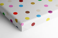 Fun inspired multicolor dot pattern on white.    NOTES:  Dot pattern Multicolor Made to Order Designer: @Makkersmedia Canvas Wrap:  Produced in-house. Printing by HP commercial wide-format printers. MATERIAL:  Aurora Expressions Poly/Cotton Canvas with Satin/Matte Finish  Base Color: White